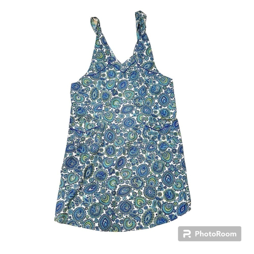 Vintage Handmade Blue Paisley Apron halter tie Two front pockets Cottage-core